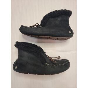 Ugg Womens SZ 7 Alena Black Suede Slippers Sheepskin Comfort Shoes 1004806
